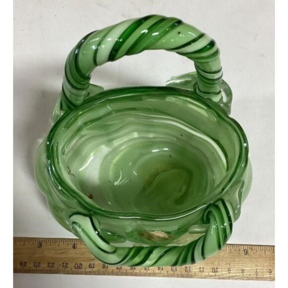 Block Crystal Art Glass Purse Vase Green & Cream Striped Design - Picture 3 of 5